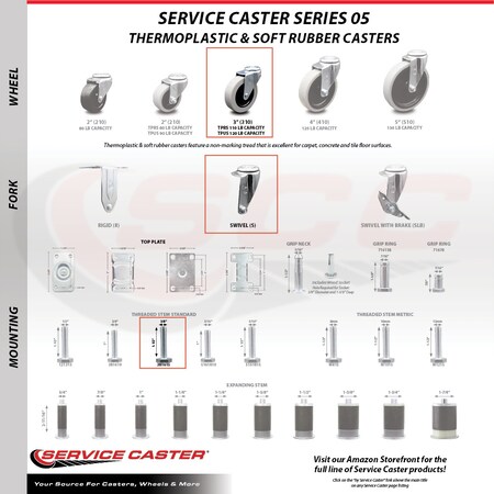 Service Caster 3 Inch Thermoplastic Wheel 3/8 Inch Threaded Stem Caster Set with 2 Brakes SCC SCC-TS05S310-TPRS-381615-2-SLB-2